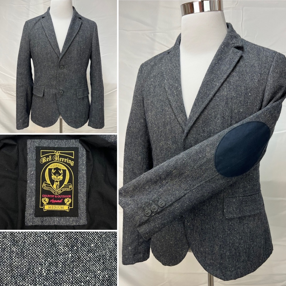 Men's Red Herring M Blue Gray Speckled Tweed Elbow Patch Bespoke Blazer Jacket